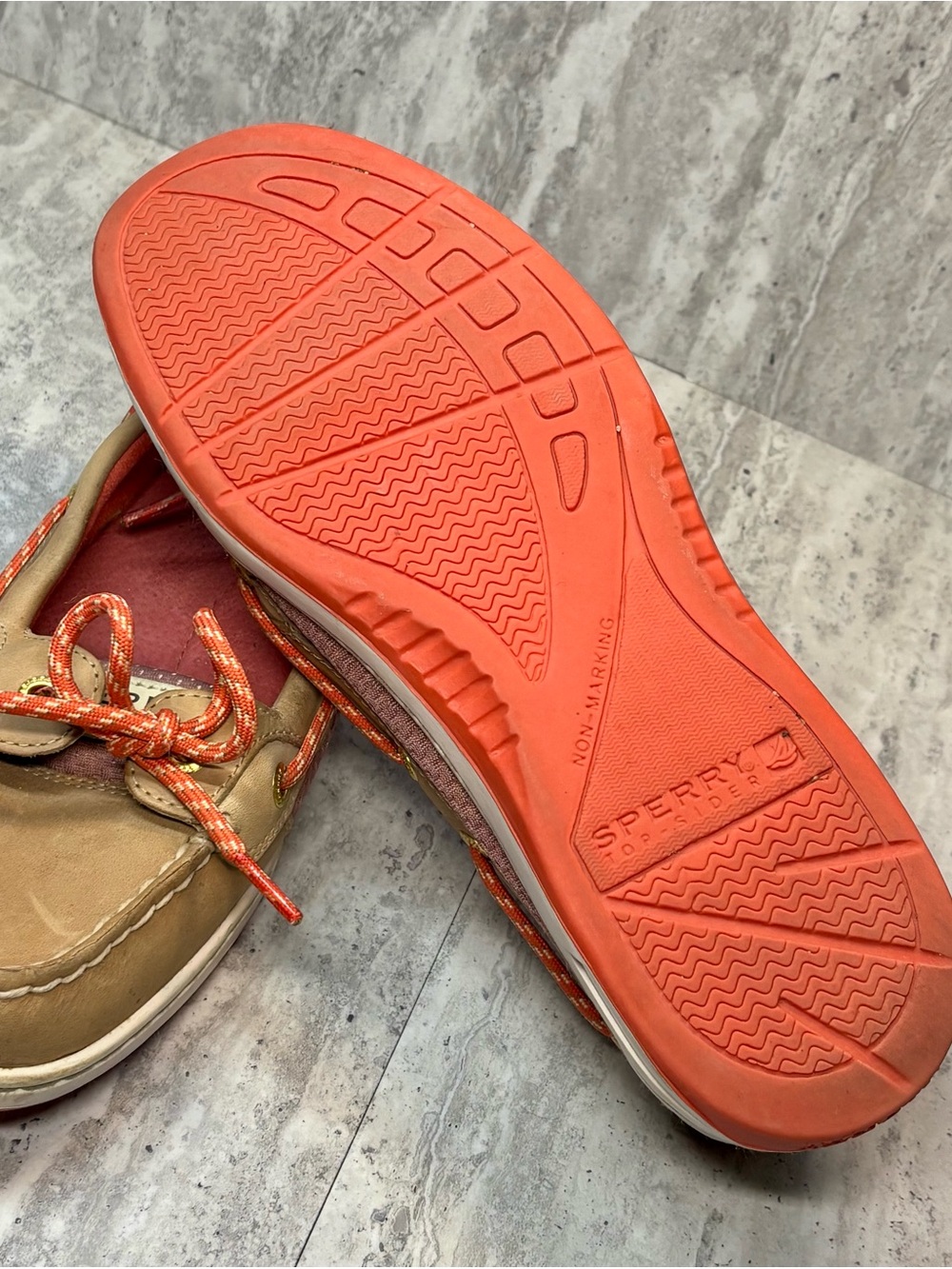 Sperry Top Sider Tan Leather and Coral Boat Shoes Slip Ons Loafers Sz 9M - Picture 7 of 7